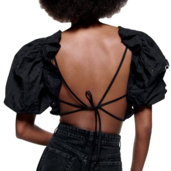 NEW ZARA EMBROIDERED EYELET CROP TOP BLACK | 7521/008 - Picture 6 of 10